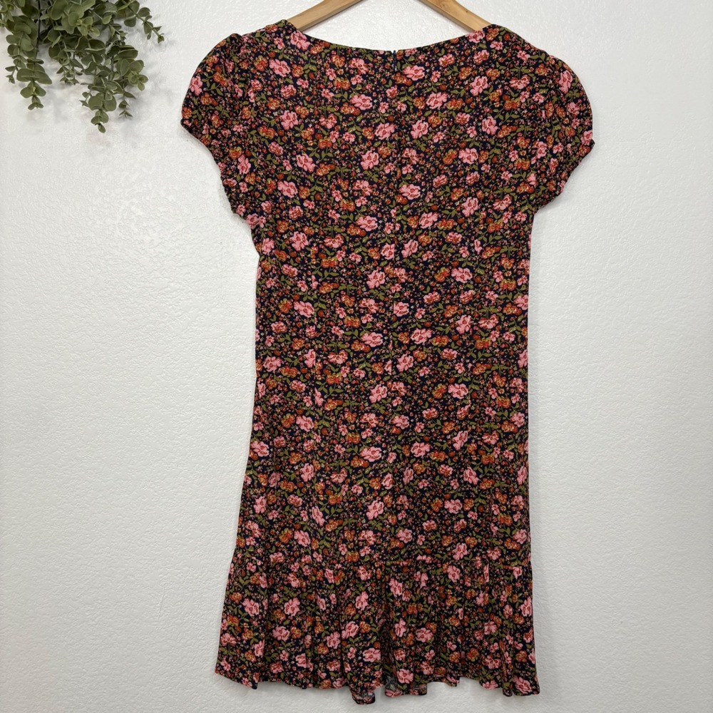Elodie Women Floral V-Neck Mini Dress Navy Pink Boho Ruffle Hem Size M - Picture 5 of 7